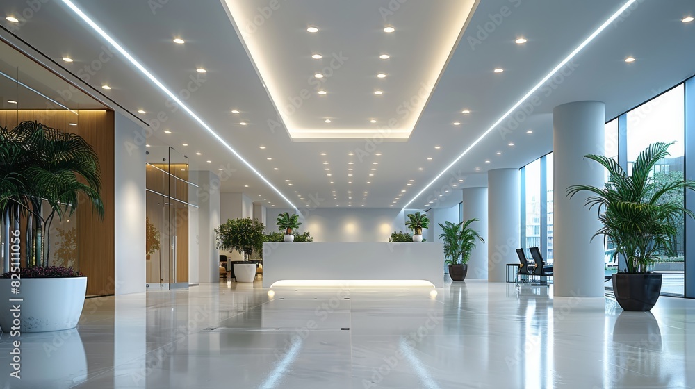 Poster White square LED down lights are installed in an office interior showcasing the modern design and lighting, featuring suspended white square tiles on high ceilings. Generative AI.