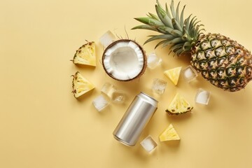 Drink can mockup, on yellow background with pineapple, coconut and ice cubes