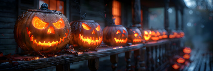  A nighttime scene of a row of jack-o'-lanterns with unique, glowing faces, placed on a porch railing