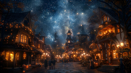  A wide shot of a street crowded with trick-or-treaters, with houses decorated with eerie lights, cobwebs, and ghostly figures, under a starry sky