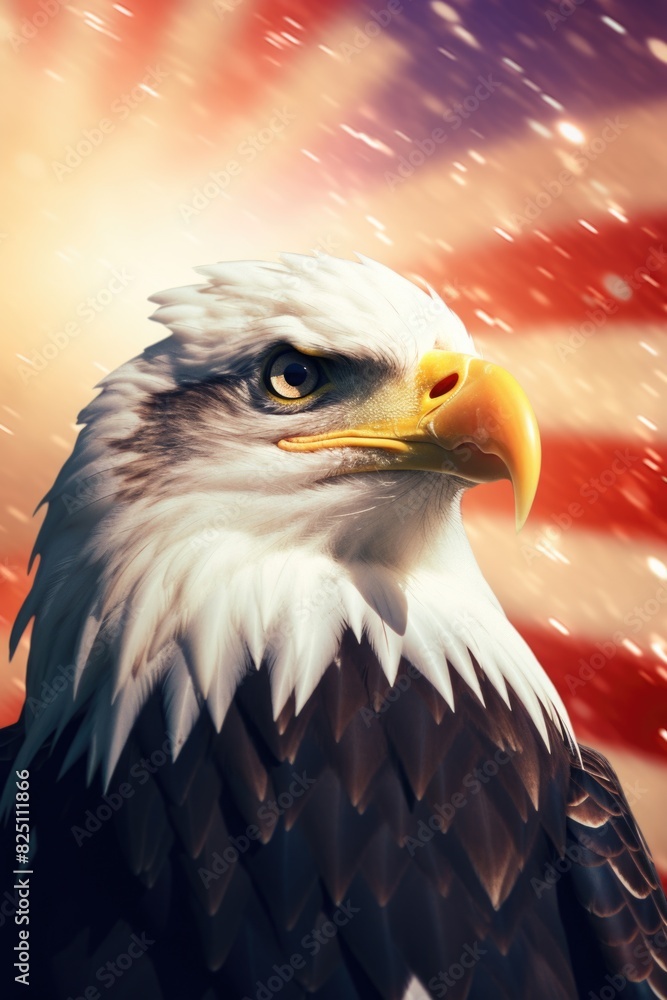 Poster a bald eagle is staring at the camera with its beak open. the image is set against a backdrop of the