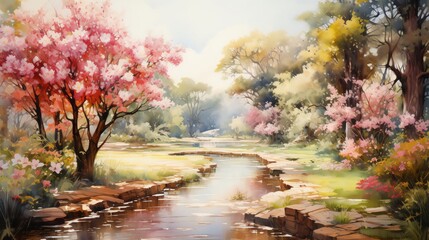 A serene landscape painting of a stream flowing through a forest with blooming trees.