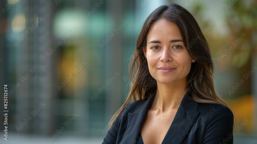 Wall mural A woman in a business suit is smiling and standing in front of a window