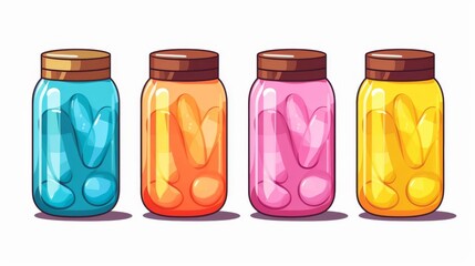 Four glass jars with colorful contents and wooden lids, isolated on white background.