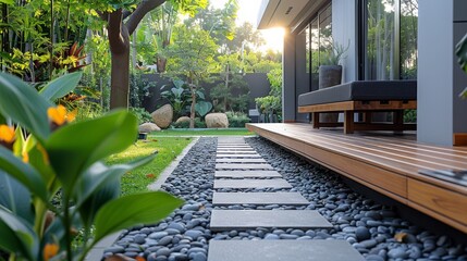 Terrace, Bench on the front, Cement floor, living corner, walkway. Generative AI.