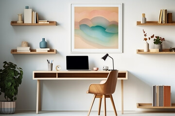 A simplistic home office setup featuring a light-colored desk, a clean-lined chair, and floating shelves exhibiting an assortment of colorful books and tasteful decor.