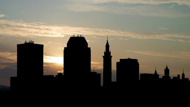 Springfield Downtown Skyline at Sunrise Time Lapse  with Colorful Clouds Massachusetts, USA