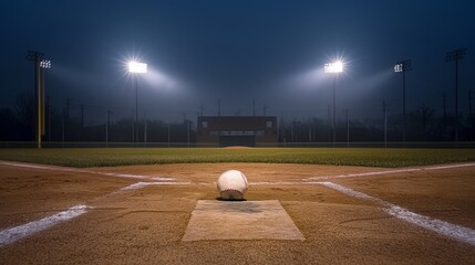 A solitary baseball resting on home plate, spotlighted by overhead stadium lights, with the rest of the field shrouded in shadows, emphasizing the anticipation of a night game.