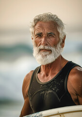 Experienced Surfer Reflecting on the Last Days of Summer Elderly Person with Grey Hair 
 Holding Surfboard by the Ocean Wallpaper Digital Art Poster Brainstorming Map Magazine Background Cover