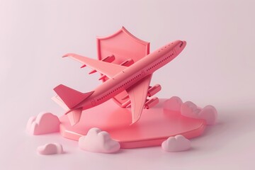 3d illustration of plane and shield travel insurance concept