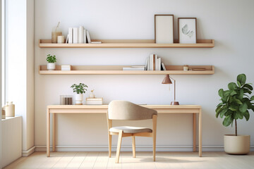 A simplistic home office setup featuring a light-hued desk, a clean-lined chair, and floating shelves exhibiting an assortment of colorful books and tasteful decor.