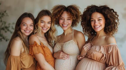 A group of four smiling pregnant friends wearing earth-toned dresses, celebrating together and radiating happiness and beauty. Diverse pregnant women