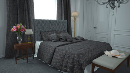 Eleganckie klasyczne minimalistyczne wnętrze sypialni w monochromatycznych barwach