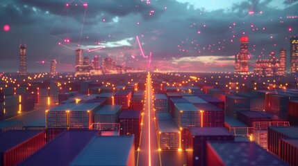 World map global trade route dusk with rows of colorful shipping containers docked along glowing lines. Generative AI.