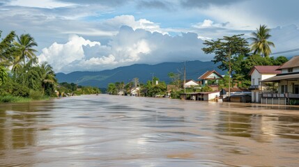 A flooded street with houses on the other side