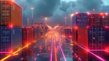 World map global trade route dusk with rows of colorful shipping containers docked along glowing lines. Generative AI.