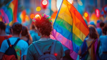 Obraz premium A back view captures people protesting on the street, proudly waving LGBT and Trans flags. The vibrant colors of the flags stand out, symbolizing solidarity and the fight for equality and rights