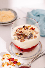 Close Up of a layered Greek Yogurt Parfait with Jam, dried berries and granola in a Glass. Light and airy real Food photography.