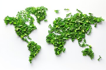 World map made of green leaves, on a white background