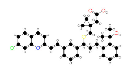 montelukast molecule, structural chemical formula, ball-and-stick model, isolated image leukotriene modifiers