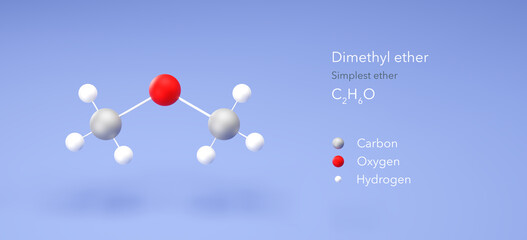 dimethyl ether molecule, molecular structures, simplest ether, 3d model, Structural Chemical Formula and Atoms with Color Coding