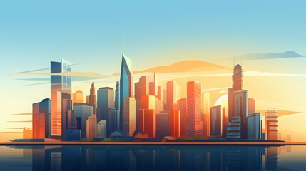 Stunning digital illustration of a vibrant cityscape at sunset with modern skyscrapers and reflective waters.