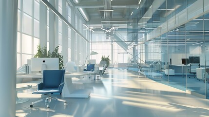 Modern White and Blue Open Space Office Interior

