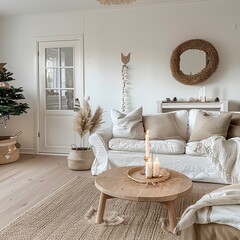 Cozy living room with Christmas decor, natural elements, and neutral colors creating a warm and inviting atmosphere.