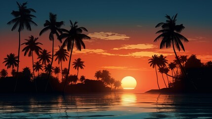Stunning tropical sunset over a serene beach with silhouetted palm trees and vibrant sky colors reflecting on the water.