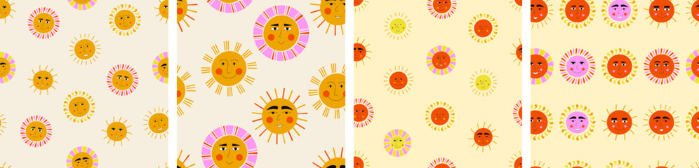 Bundle of four patterns, optimistic suns. Creative seamless backdrop, sunshine clipart, stylish repeating design.