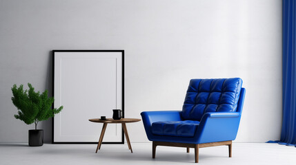 A sleek and modern living room with cobalt blue accents, a black leather armchair, and a blank white frame mockup hanging on a gallery wall of black and white photographs.