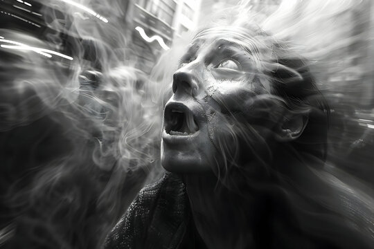 Halloween Participants groaning and limping in character as they lurch through the streets, captured in dynamic street photography with time-slice technique, evoking both fear and amusement