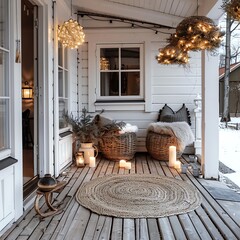 Cozy winter porch with rustic decorations, wicker baskets, warm lighting, and comfortable seating for a serene and inviting atmosphere.