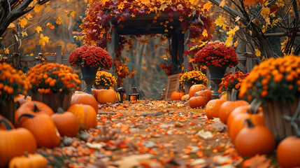 Halloween Rustic autumn decorations bursting with vibrant oranges and deep reds captured in wide-angle photography using a polarizing filter