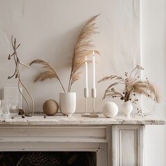 Elegant minimalist home decor with vases, candles, and dried pampas grass on a rustic white mantelpiece.