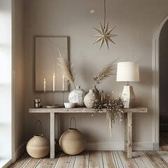 Minimalist interior with wooden furniture, neutral decor, and natural light enhancing the serene, cozy ambiance of the living space.