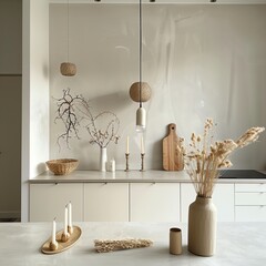 Modern minimalist kitchen interior with neutral decor, natural elements, and warm lighting. Stylish home design concept.