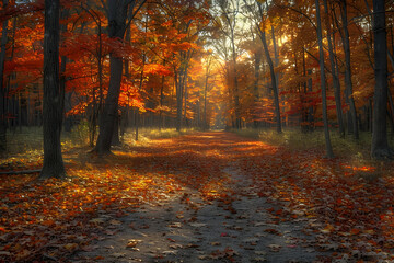 Obraz premium Trees ablaze with the fiery colors of autumn captured in vibrant HDR (High Dynamic Range) photography, as sunlight filters through the canopy and illuminates the landscape