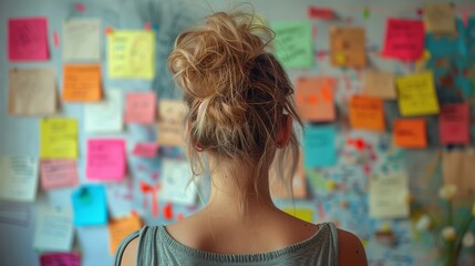 A woman standing in front of a white wall with colorful sticky notes on it, seen from behind her head, working and brainstorming ideas. The board is filled with various notes.