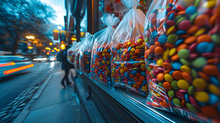 Fototapeta premium Trick-or-treat bags overflowing with a colorful assortment of candies, captured in dynamic motion blur photography