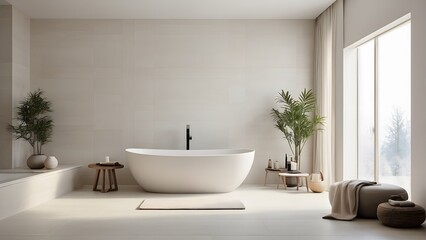 A modern and minimal bathroom interior with bathtub.