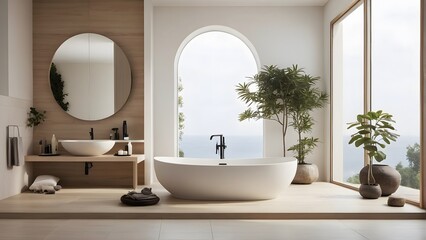 A modern and minimal bathroom interior with bathtub.