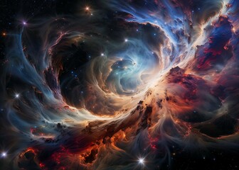 Vivid Cosmic Swirl with Nebula Clouds and Bright Stars in Deep Space.