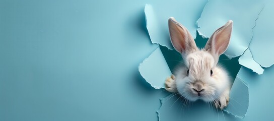 Easter banner with a white rabbit head breaking through a hole in a blue paper background