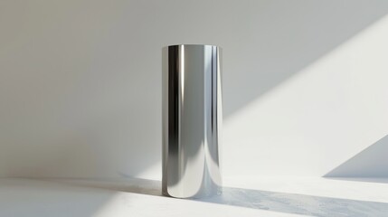 Tall, cylindrical, metallic object with a reflective surface, likely stainless steel, standing upright on a flat surface