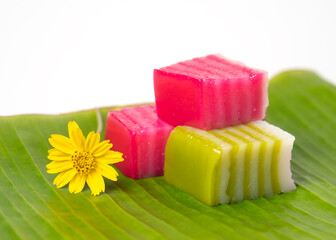 Thai desserts placed on banana leaves