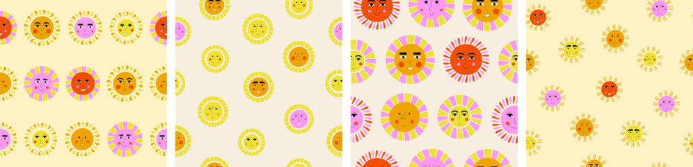 Four creative patterns pack, laughs suns. Repeating backdrop, summer sunbursts, seamless design for stationery, branding.