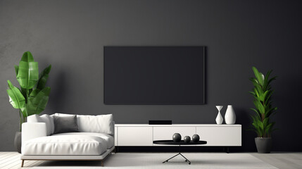 A sleek black and white room with a glossy black TV stand, a white sectional sofa, and a blank empty white frame mockup on the wall.