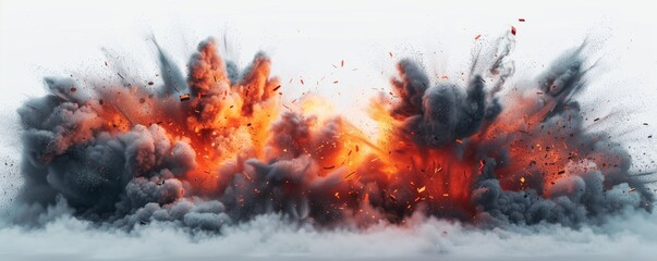 Landscape of an explosion with smoke and fire against a white background