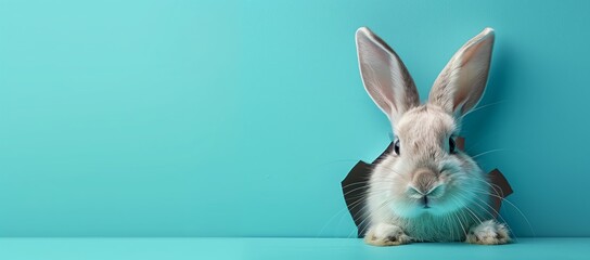 Rabbit head sticking out of a hole on a blue background with copy space